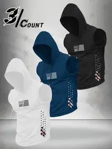 3 Pack Men Patriotic Sleeveless Hooded Tank Tops Distressed Dual USA Flag Print Adjustable Drawstring Breathable Stretch Gym Vest For Independence Day Workout Daily Street Outfits