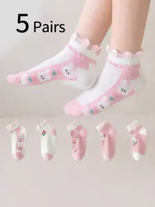 5 Pairs Girls' Lace Trim Low Top Ankle Socks, Summer Thin Cartoon Rabbit Socks, Breathable Mesh, Cute and Adorable, All Seasons