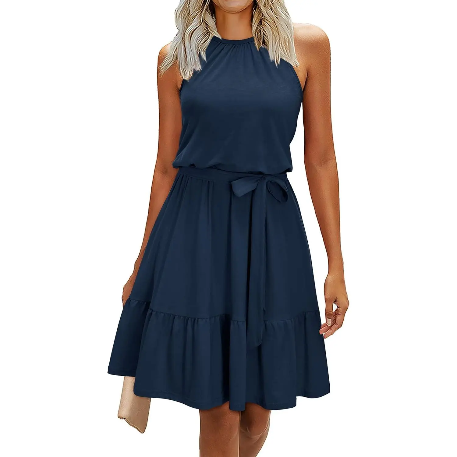 Women's Halter Neck Printed Dress, A-Line Belted Summer Casual Wear Outfit for Wedding Guest and Vacation with Pockets, Wedding Guest Dresses, Clothes