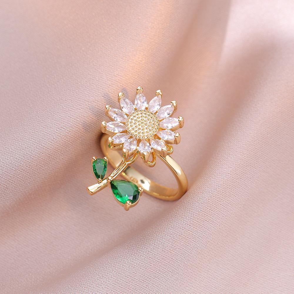 3PCS Jewelry Set, Green Leaf, Rotating Sunflower Zircon Necklace Ring Bracelet Fashion Suit Clavicle Chain