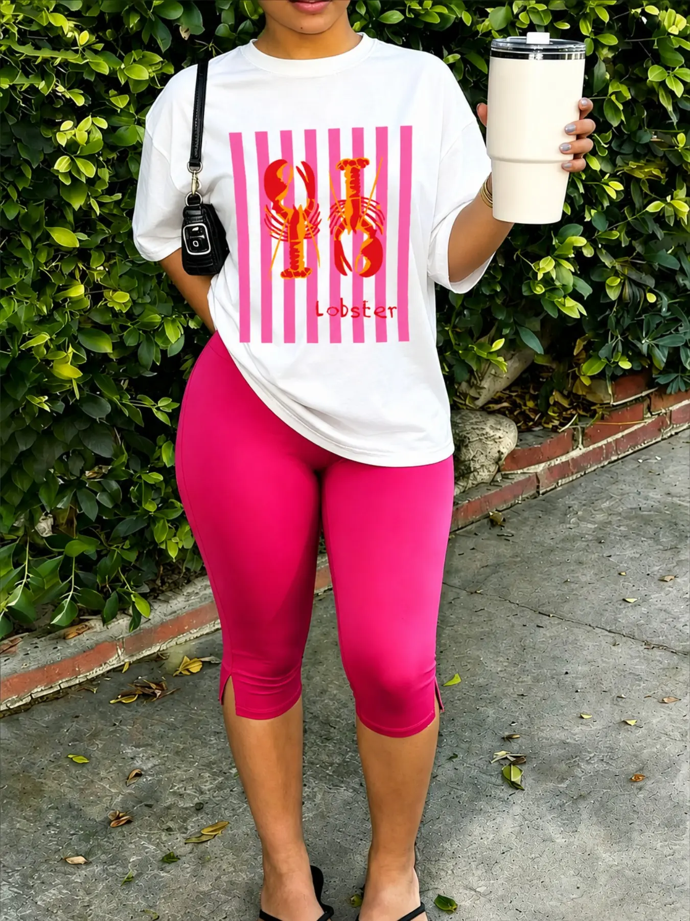 Women’s Y2K Lobster Graphic Tee and Hot Pink Capri Leggings Set, Casual 2 Piece Streetwear Outfit, Oversized T Shirt and Cropped Pants