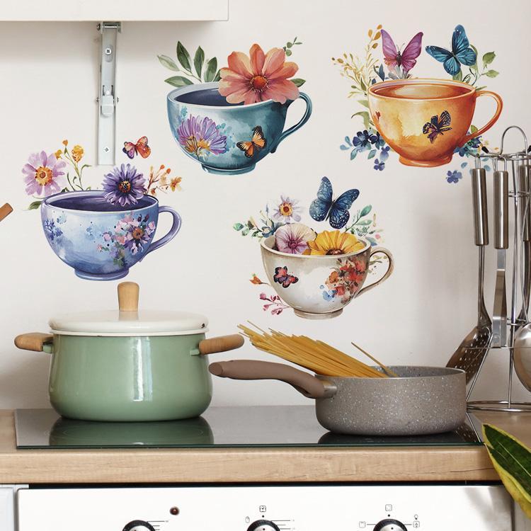 Creative Watercolor Exquisite Tea Cup Wall Sticker For Kitchen Restaurant Decoration Mural Room Background Home Decor Wallpaper