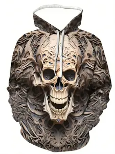 Men's Gothic 3D Skull Print Hoodie, Full Zipper Design, Hollow Out Skeleton Pattern, Warm Winter Streetwear, Ideal Gift for Men, Gothic Style Hoodie