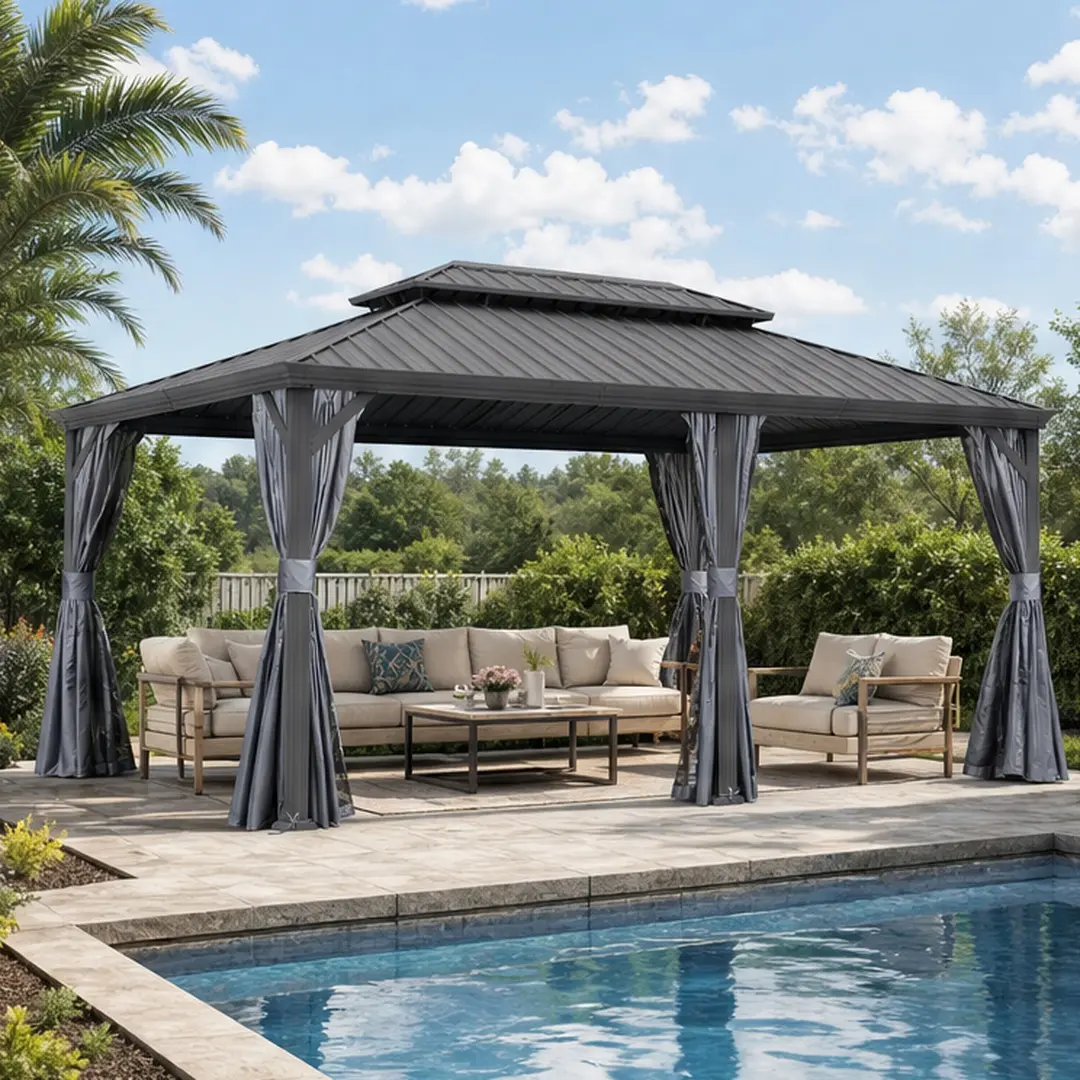 ARCH 14x24FT Hardtop Gazebo with Drainage System, Dual-Layer Galvanized Steel Roof, Curtains and Netting, Outdoor Metal Shelter Canopy for Patio, Garden, Backyard, Grey, Multiple Color Options, Brown/Dark Brown/Gray/Grey Color Options