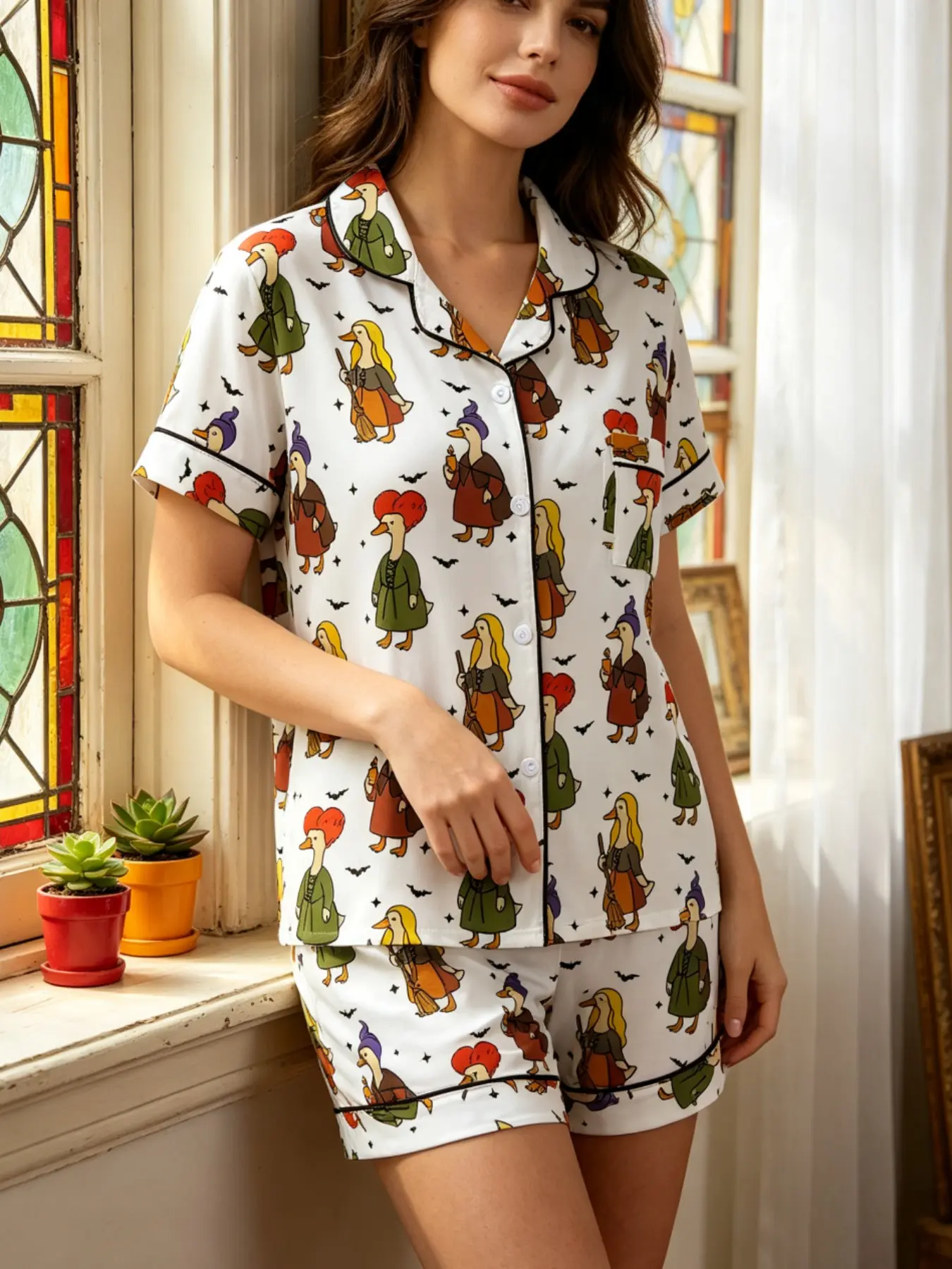 Women's Halloween Pajama Set, Cartoon Animal Print, Fitted Short Sleeve Top & Shorts, Casual Sleepwear, Reversible Two-Piece