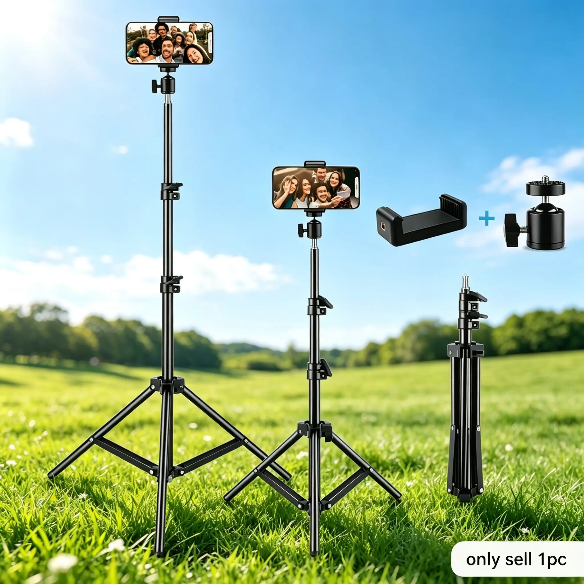 43.3 Inch Adjustable Camera Tripod Stand, Metal Telescopic Pole, Dual Lock Height Adjustment, Ball Head, Phone Clips, Vlogging Gear, Phone Selfie Tripod