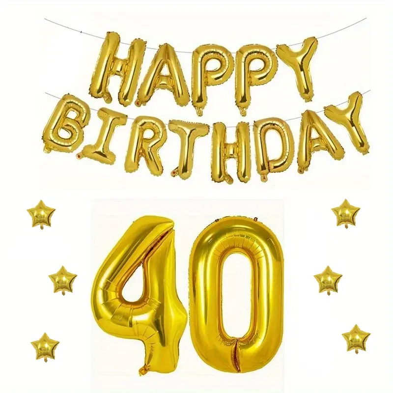 15-Pack Gold Giant Happy Birthday 40 Balloons, Aluminum Foil Material, No Inflation Needed, Ideal for Birthdays, Anniversaries, Weddings