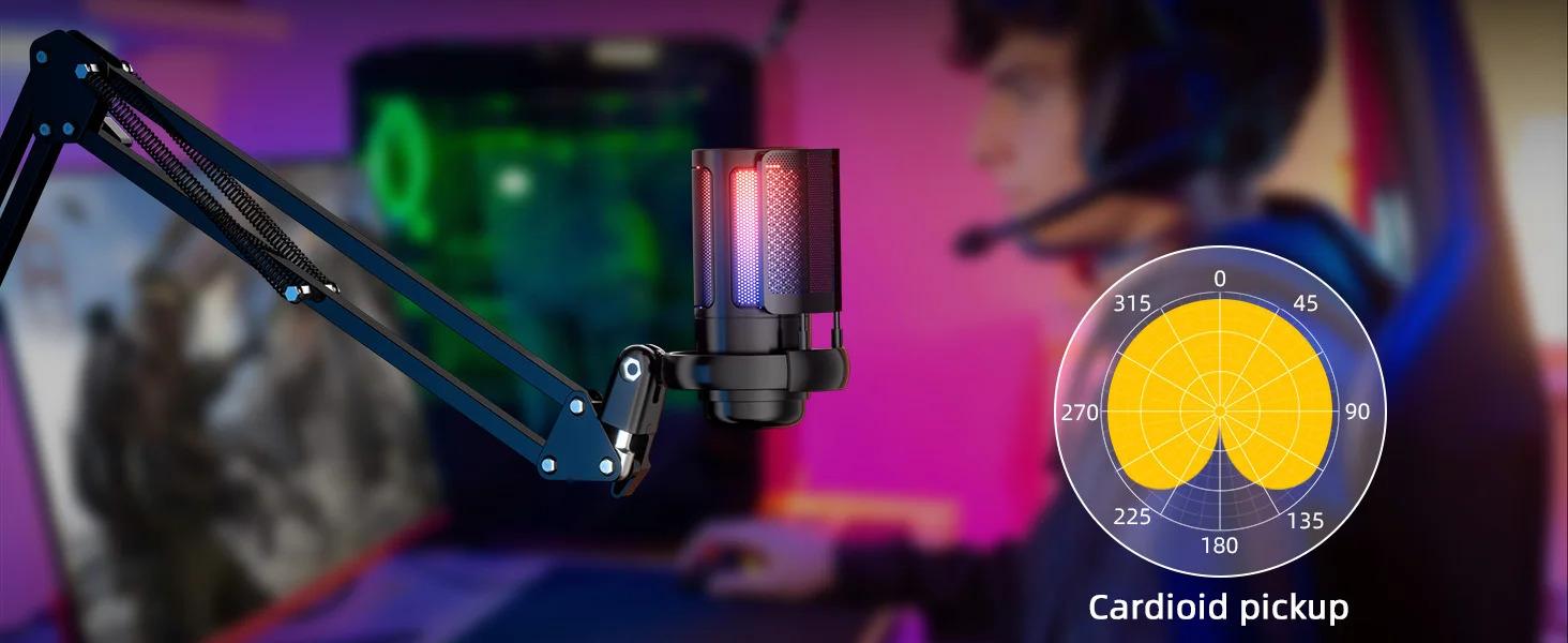 USB Condenser Microphone RGB Esports Game Call Recording Condenser Mic with Metal Boom Stand Desktop Mic for Studio Recording