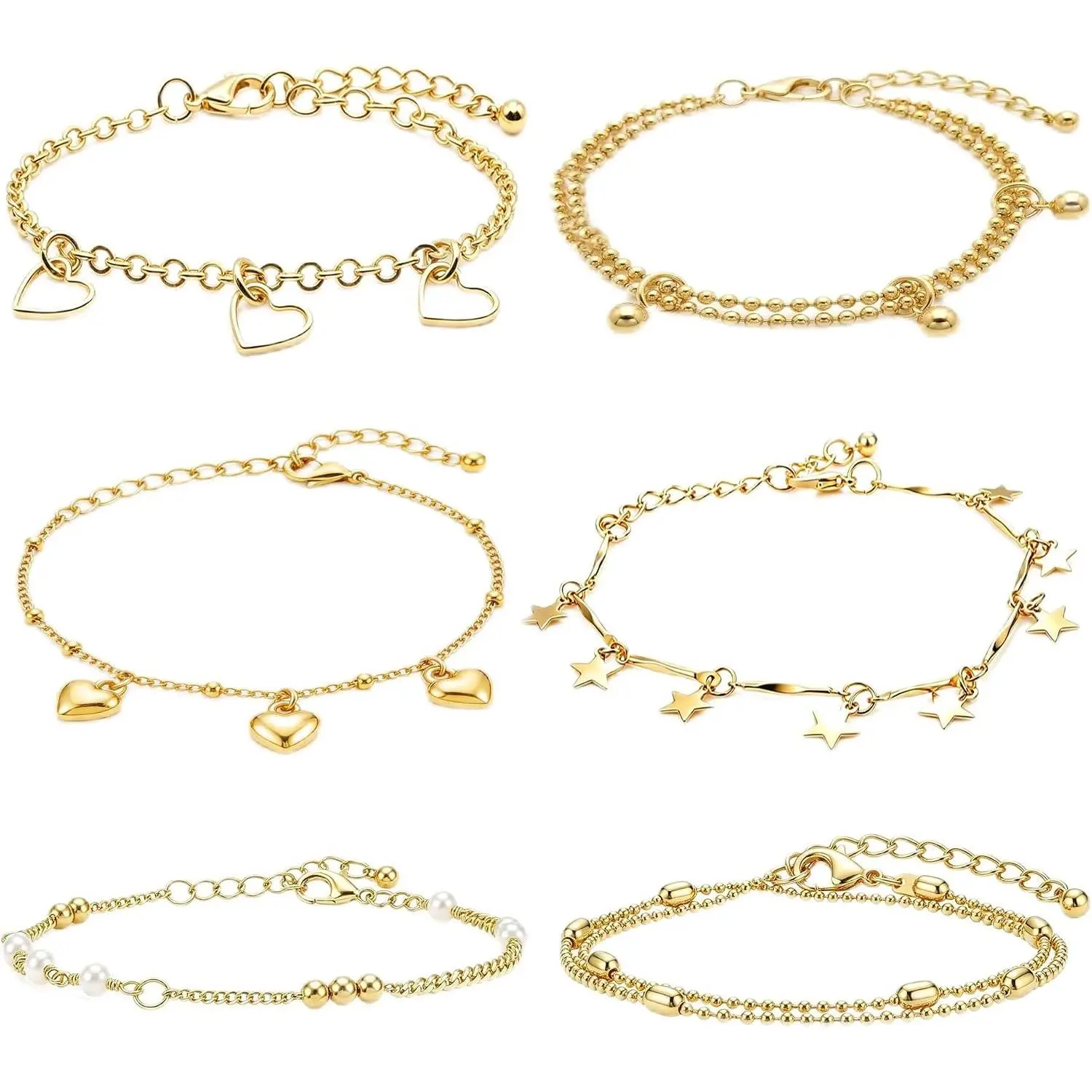 6 count Charm Bracelets for Women,Adjustable Stackable Bracelet Set with Heart   Beaded Chains, Dainty Layered   for Anniversary Valentine Birthday  Day