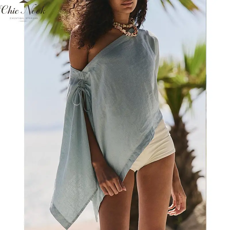 Women's Cape Tops Summer Fashionable Off One Shoulder Solid Color Loose Fit Split Sleeve T Shirts