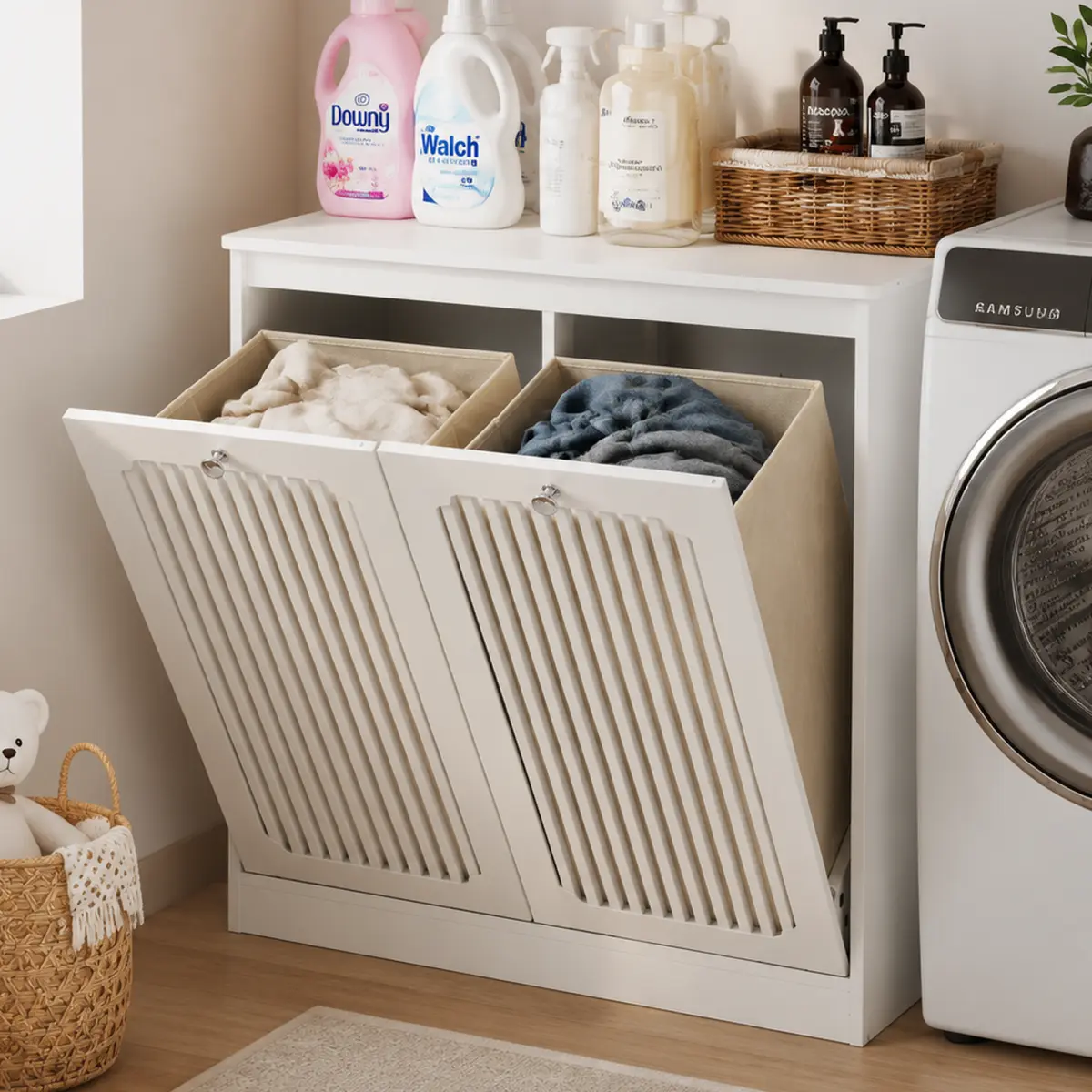 AobtkelFlip-top louvered laundry basket cabinet, household double-section fabric laundry storage cabinet, balcony and bathroom floor-standing storage cabinet, white.    RR