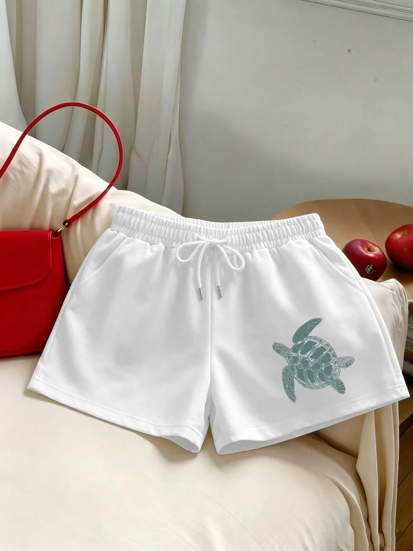 Women's Summer Turtle Print Elastic Waist Gym Shorts, Casual Loose-Fitting Short Pants for Daily Wear, Versatile Home &