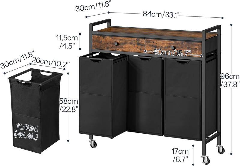 Laundry Sorter 3 Section, 130L Laundry Hamper with 2 Drawers, Rolling Laundry Basket, Pull-Out and Removable Laundry Bags for Laundry Room Organization, Rustic Brown and Black BF78XY01