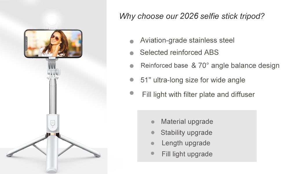 Selfie Stick Tripod with Wireless Remote, 46'' Cellphone Selfie Stick Tripod with LED Fill Light, for iPhone 16/15/14/14 pro/13/13 Pro/12/11/11 Pro/XS Max/XS/XR/X/8/7 and Android Smartphone(Upgrade)