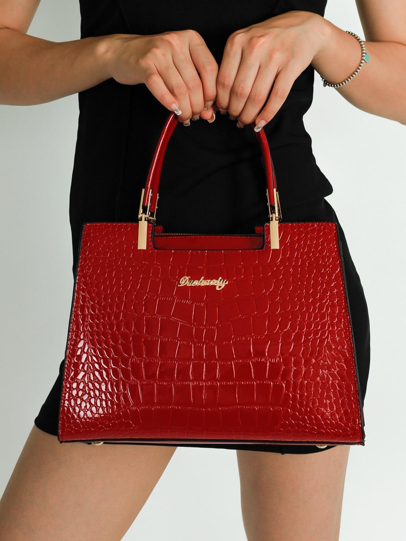 Women's PU Crocodile Embossed Square Handbag As Gift, Fashion Letter Label Classic Tote Bag for Work & Office, Elegant Matching Crossbody Bag As Gift for Wife