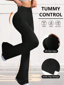 Women's High-Waisted Flared Leg Pants with Elastic Tummy Control, Non-Transparent Fabric, Ideal for Casual & Formal Wear
