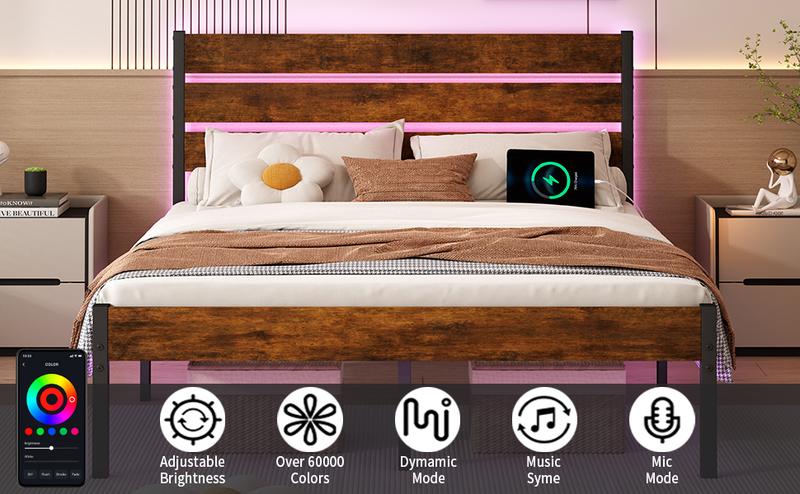 Full Size Bed Frame with Headboard,Heavy Duty LED Bed Frame with USB Charging Station,Mattress Foundation-Under Bed Storage, No Box Spring Needed, Noise Free,Brown