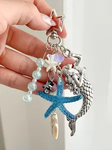 Seaside Vacation Style Mermaid Ocean Ornament, Summer Bag Decoration, Star Lobster Buckle Can Be Easily Fastened On Bags, Keys, And Headphone Cases, Easy To Disassemble, Small And Large Starfish, Small Fish Pendant, Blue Bead. Key Chain,Bag Charm.