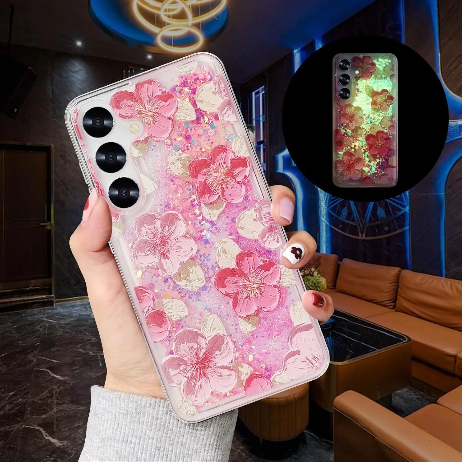 For Samsung Galaxy S26 Ultra S25 S24 S23 S22 S21 S20 Note 20 Note 10 Note9 Note8 Flower Case Glow in The Dark Liquid Fluorescent Floating Floral Case Women Girly Light up Case Soft TPU Oil Painting Luminous Phone Cover, Pink Purple