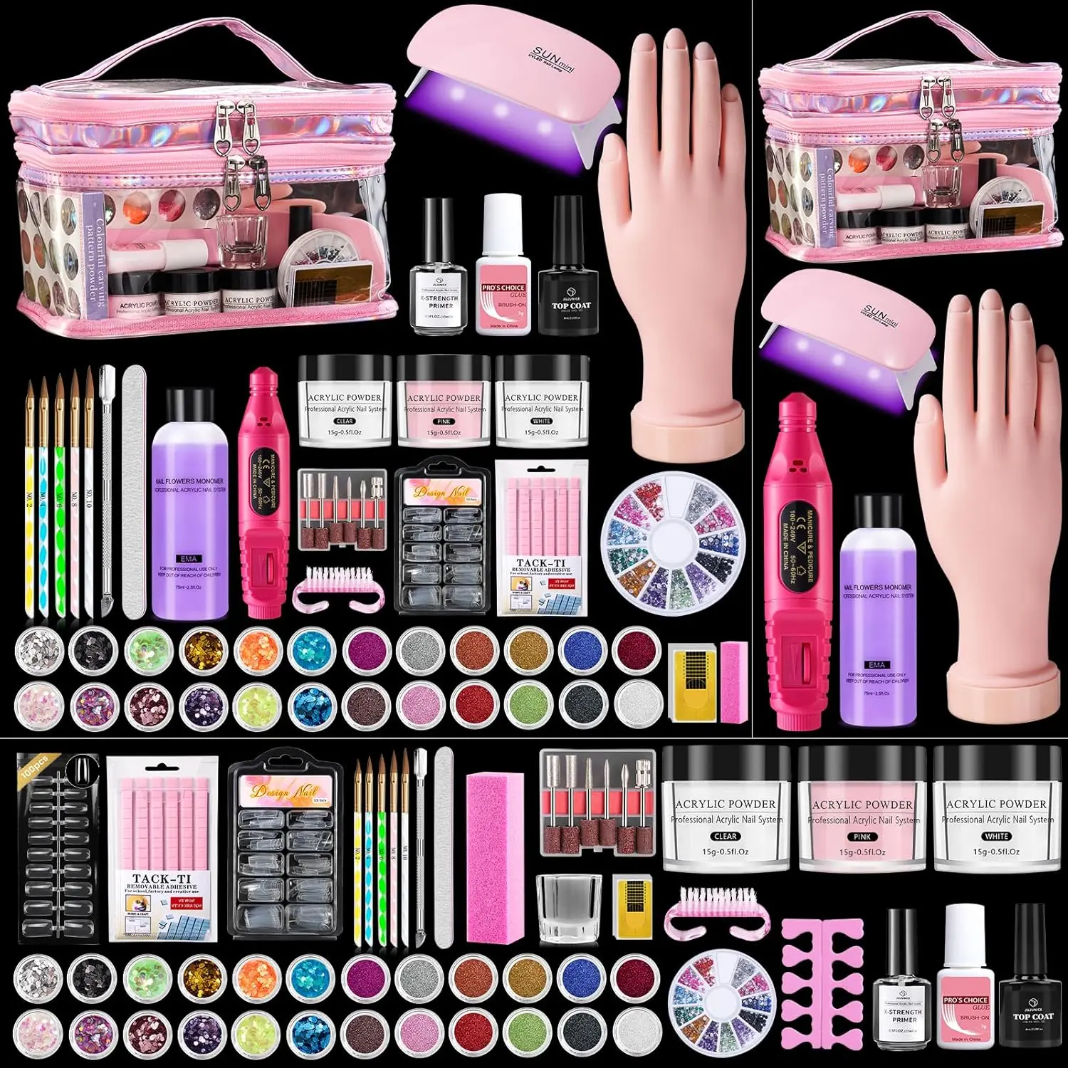 Nail Kit   with Everything: Practice Nail Hand Acrylic Set Professional Powder Liquid Starter Kits with Drill U/V Lamp in Cosmetic Gift Bag  Salon Home (Pink)