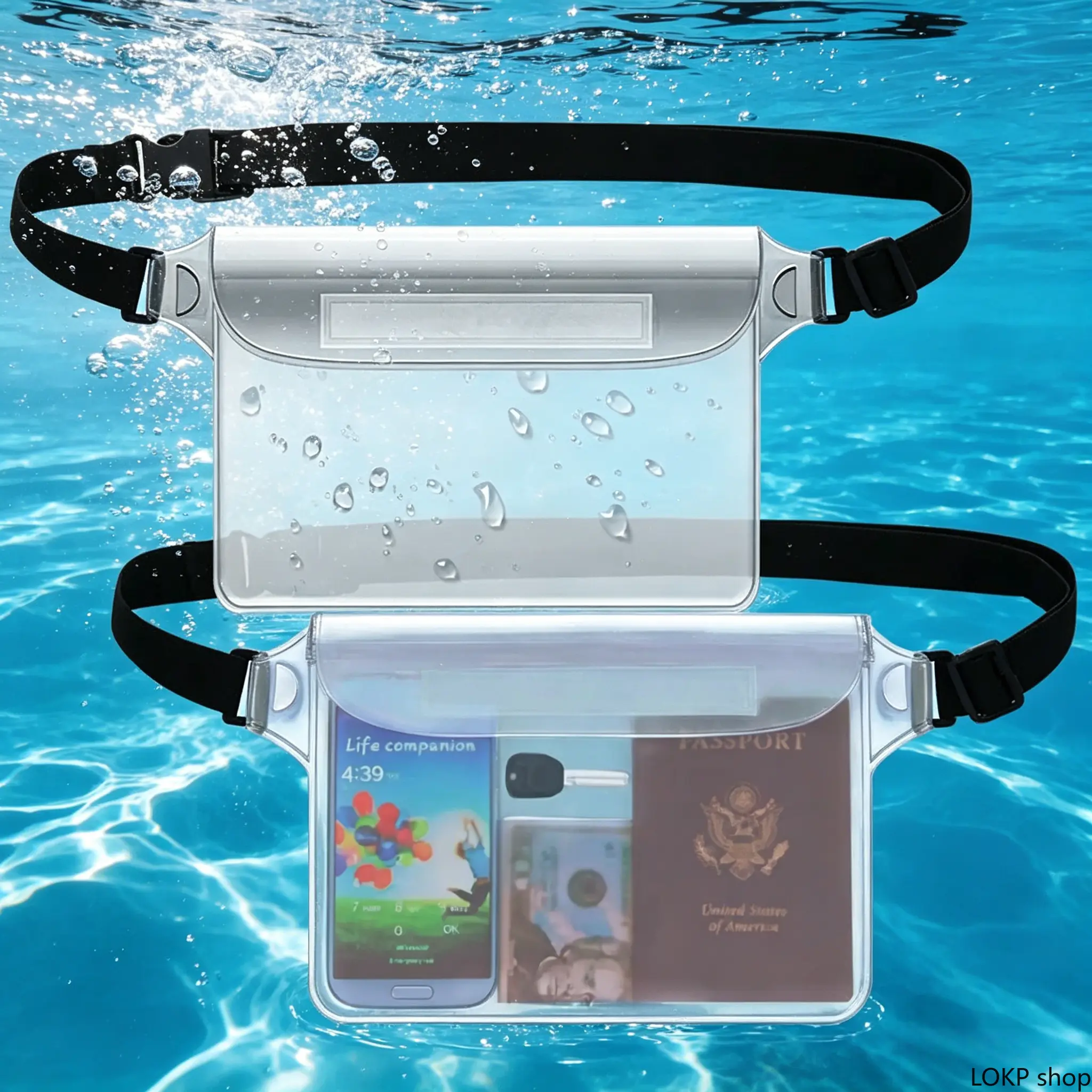 Waterproof Dry Bag Waist Pack, 2-Pack Transparent Plastic Pouch with Adjustable Strap, Lightweight Boating Accessory for Camping, 2-Pieces, Synthetic Plastic