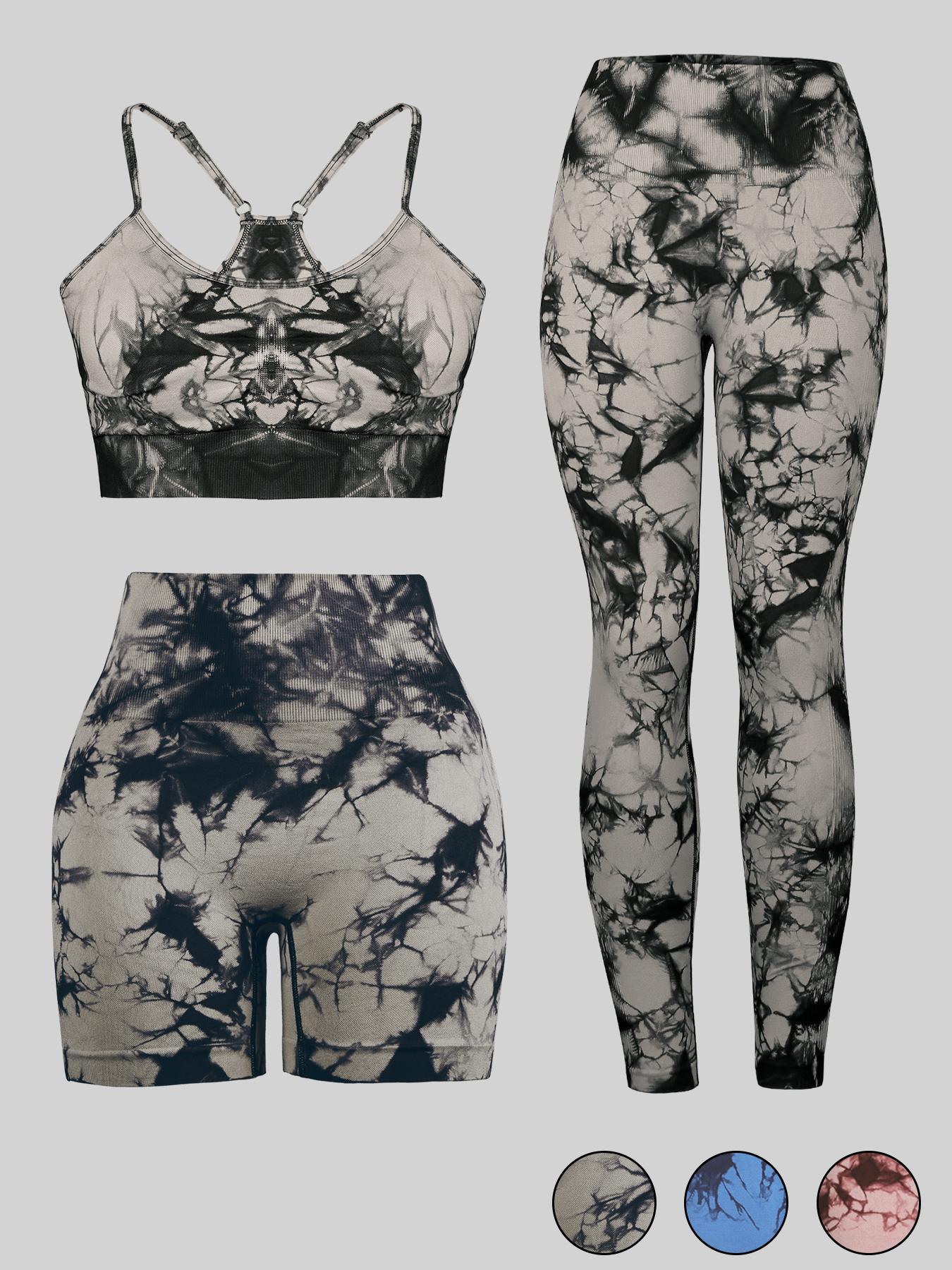 Women's Tie Dye Print Crop Sports Bra & High Waist Leggings & Skinny Shorts Yoga Tracksuit Set, Breathable Sweat-absorbing Gym Workout, Ladies Sportswear for All Seasons, Workout Sets Women