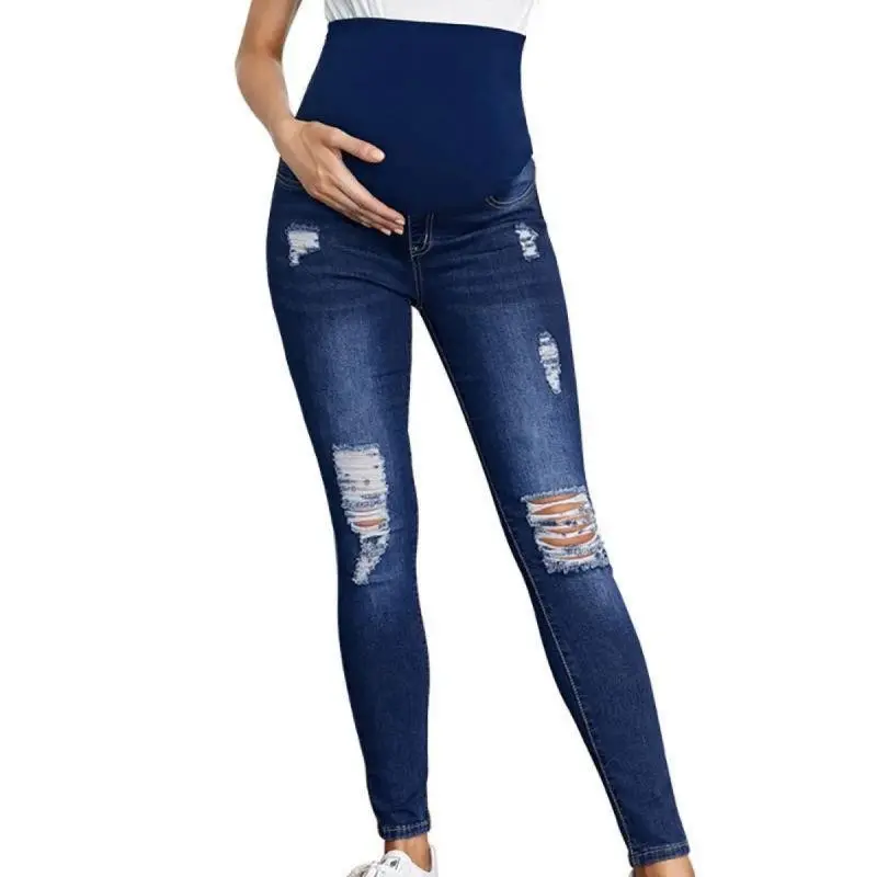 Elegant High Waist Maternity Denim Jeans Ripped Design Belly Support Perfect Slim Fit Stretch Pants for Pregnant Women Spring