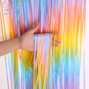 1M x 2M Gradient Macaron Pastel Tinsel Fringe Curtain Rainbow Rain Silk Door Curtain Wedding Bridal Room Girls Birthday Baby Shower Photography Party Backdrop Decor