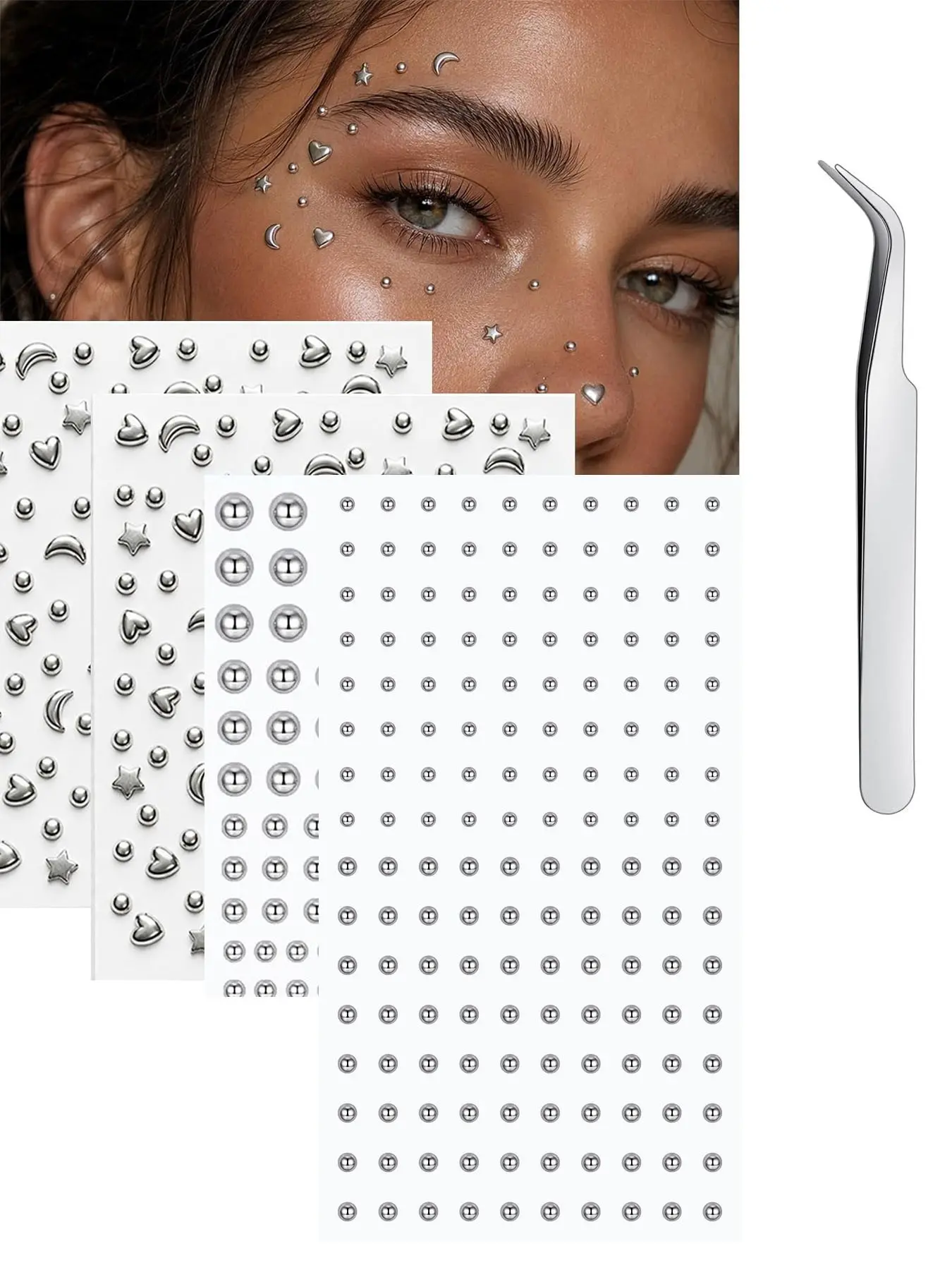 4sheet Stick on Fake Piercings, Star Heart Design, Temporary Nose Stud, Fake Eyebrow Lip Medusa Labret Stud, Silver Color, Non-Piercing, Halloween Y2K Hip Hop Accessory