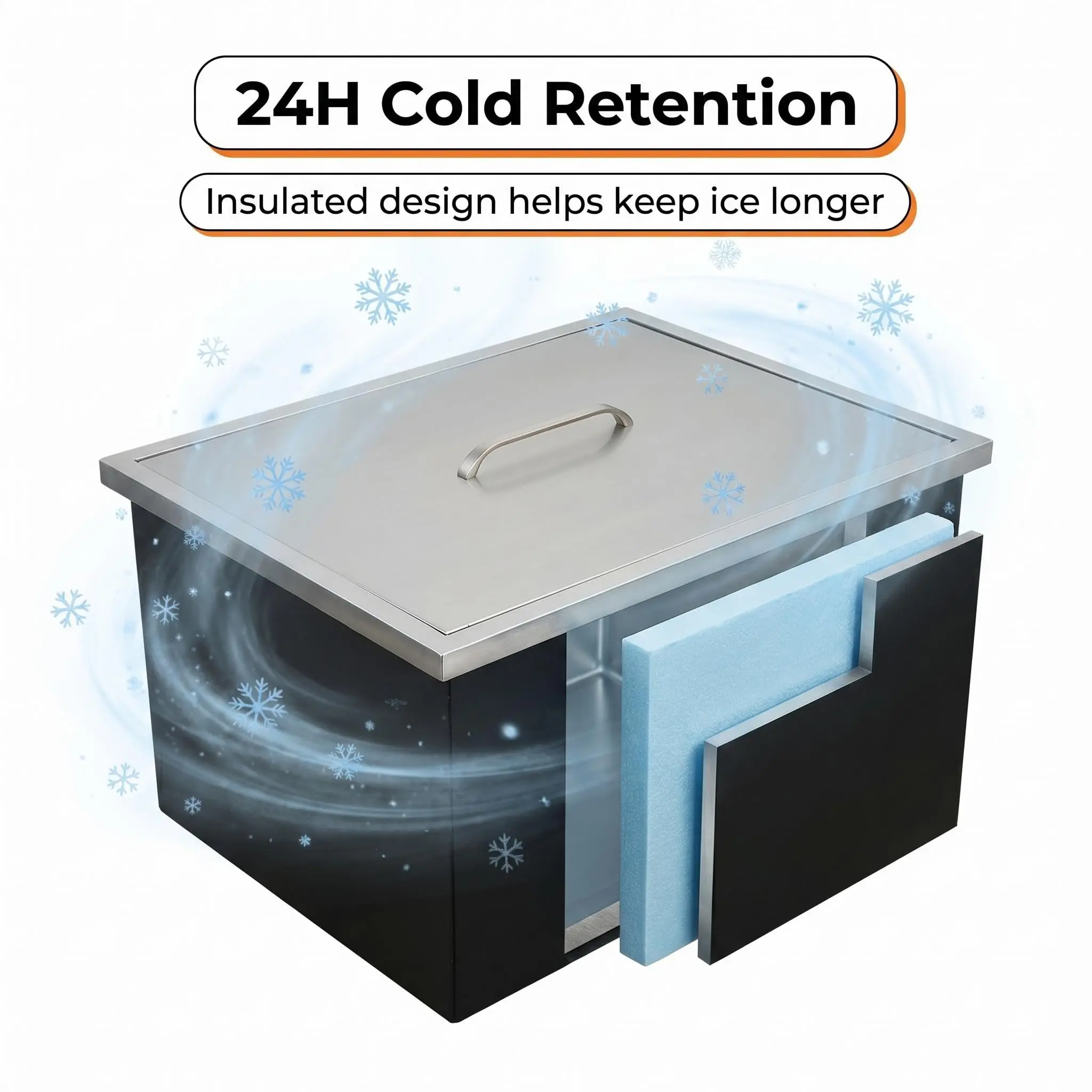 Insulated 82 Quart Drop-In Cooler, Stainless Steel Under Counter Ice Chest with Drain, Pot Lid Design, Built-In Beverage Storage for Outdoor Bar, BBQ & Commercial Use-party gift