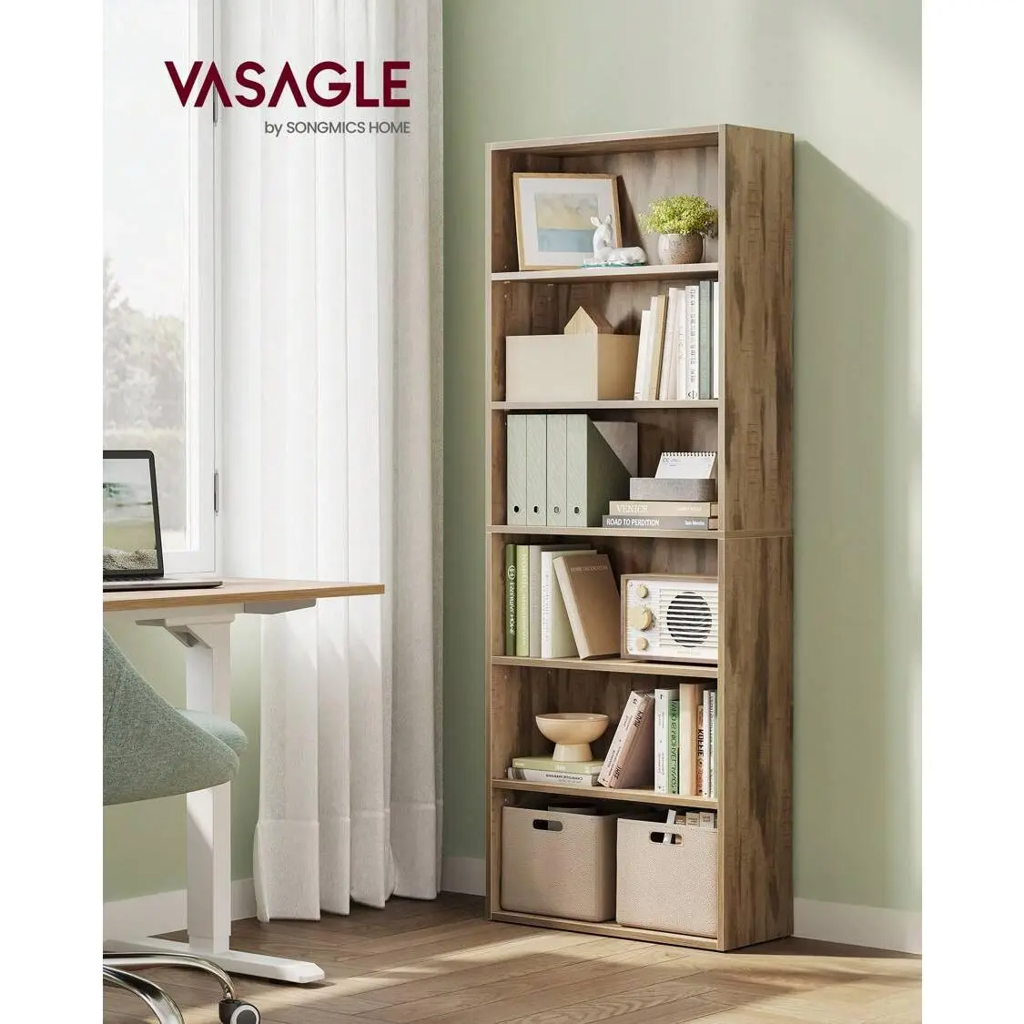 Camel Brown 6-Tier Stable Open Storage Bookcase - Indoor Furniture, Living Room & Home Office Shelving Unit, 9.4"d x 23.6"w x 63.1"h, 22 lb per Tier Capacity, Room Decor with Assembly Guide, Other