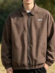 Unisex Vintage Coach Jacket, Loose Fit Windproof Sports Coat, Lapel Zipper Plaid Workwear, Casual Street Fashion, Spring Fall Commute