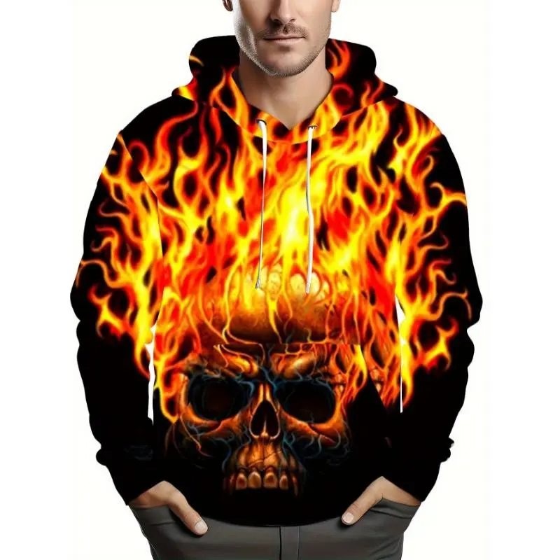 Men's Plus Size 3D Printed Skull with Flames Hoodie Pullover, Stretchy Polyester Fabric, Drawstring, Regular Fit Knit Top for Casual Party