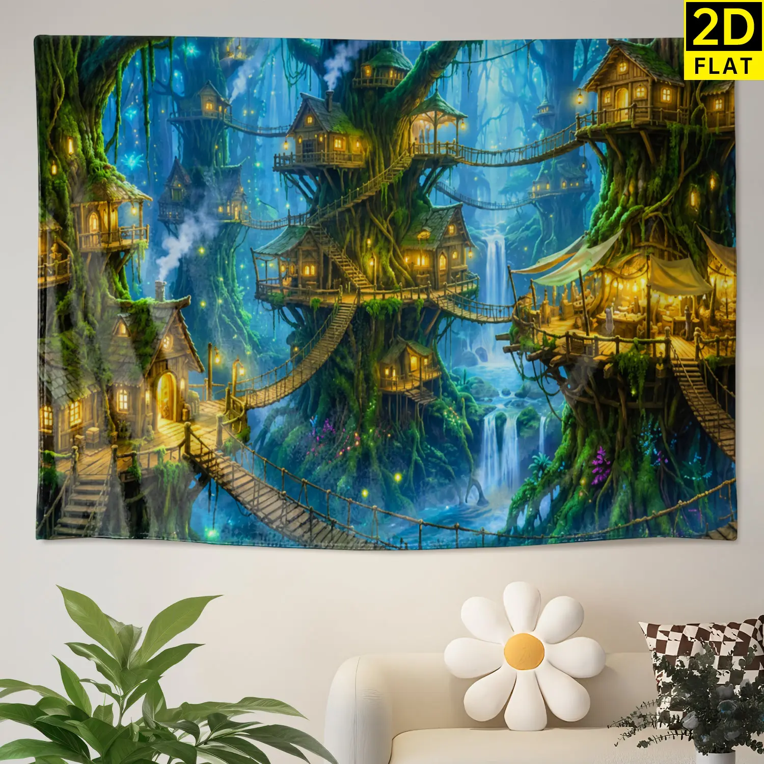 Fantasy Forest Treehouse Waterfall Tapestry - Large Horizontal High-Def Print Colorfast Polyester Wall Decor, No-Installation Hippie Vibe Hanging, Gift Idea for Living Room, Outdoor Use