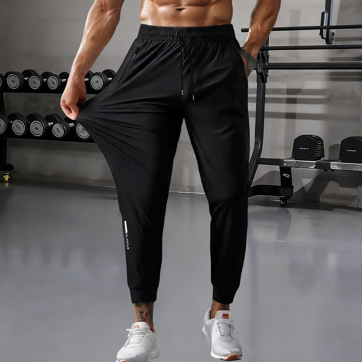 Men's breathable ice feeling high elastic fabric sports pants with drawstring waistband and zippered pockets weekend casual sports shorts, solid color, regular fit, perfect for weekend casual wear | Casual sporty style | Drawstring waistband sweatpants  o