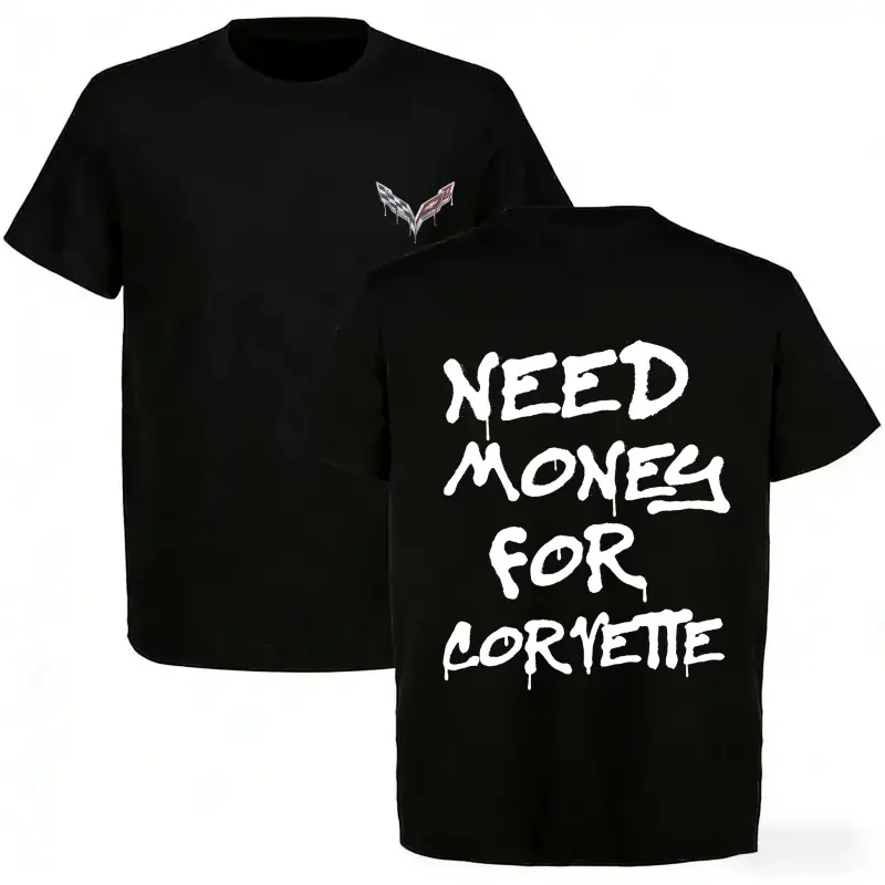 Women's Crew Neck T-Shirt - Casual Top with "Need Money for Corvette" Graphic, Suitable for Thanksgiving, Easter