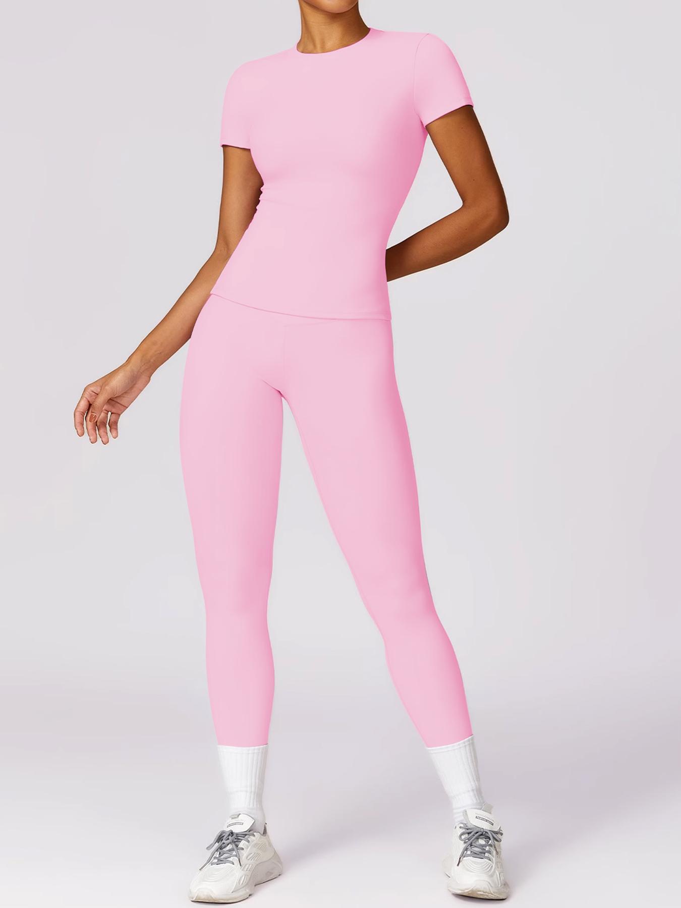 Seamless Workout Sets for Women 2 Piece, Women's Sporty Slim Fit Knitted Set, Round Neck Seamless T-Shirt Tank Top + Mid Waist Butt-Lifting Pants, Outdoor Running Yoga GYM Tracksuit Sets for Women, Sportswear For Gym