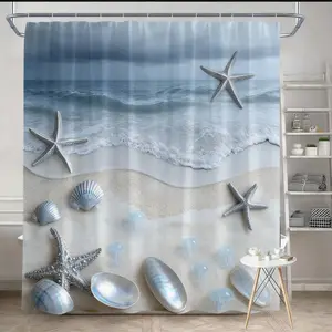 Beach Shower Curtain 180x180cm – Coastal Waves, Sandy Shore & Seashells in Neutral Tones, Ocean Bathroom Decor, 12 Hooks