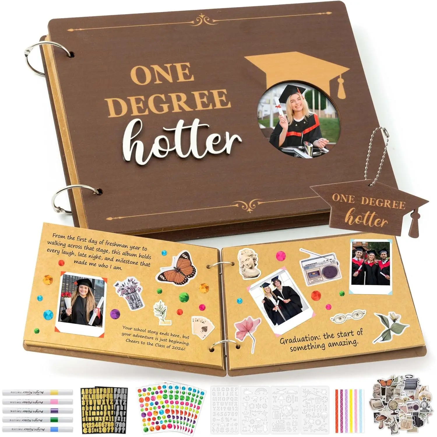 Graduation Photo Album Scrapbook - 30Page   Hotter Wooden Graduation Scrapbook Craft Kit School Day Memory Book DIY Class 2026 Graduate  Album  for College Senior Grad