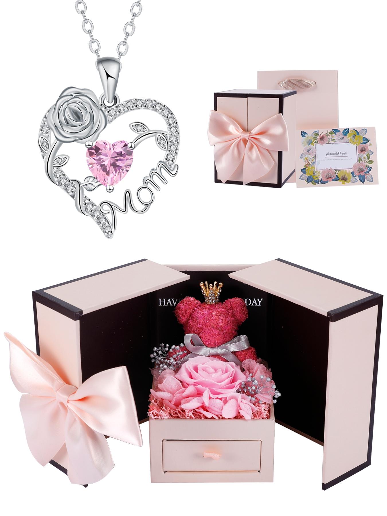 Rose Heart Mom Birthstone Necklace With Bear Rose Jewelry Gift Box, Exquisite Jewelry Gift, I Love You Mom Necklace, Mother's Day Christmas Gifts Jewelry for Grandmother Women Wife,Gifts For Women