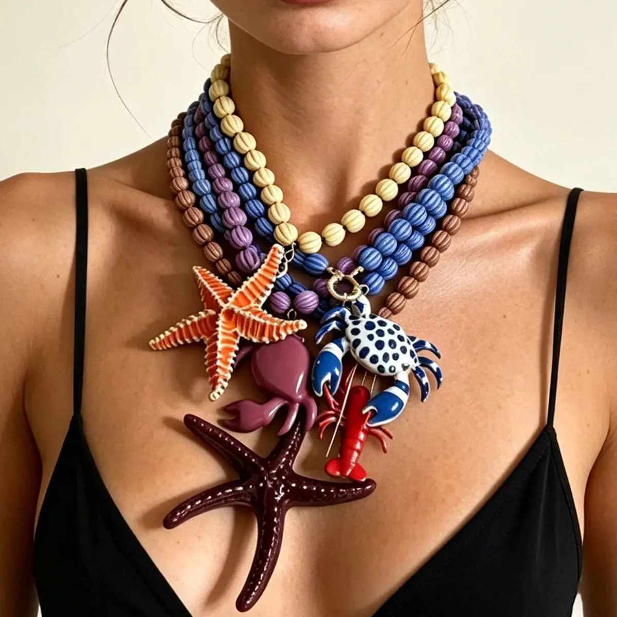 Unisex Natural Crystal Necklaces & Pendants - Adults' Playful Ocean-Themed Jewelry with Ocean Lobster Crab Pendants, Colorful Beads for 2026 Summer Beach Vacation