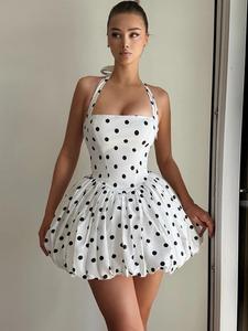 Women's Polka Dot Print Sleeveless Halter Bubble Slip Dress, Elegant Chic Dress for Party Club Dating Holiday Beach Vacation, Women's Dress for Summer Travelling Wear