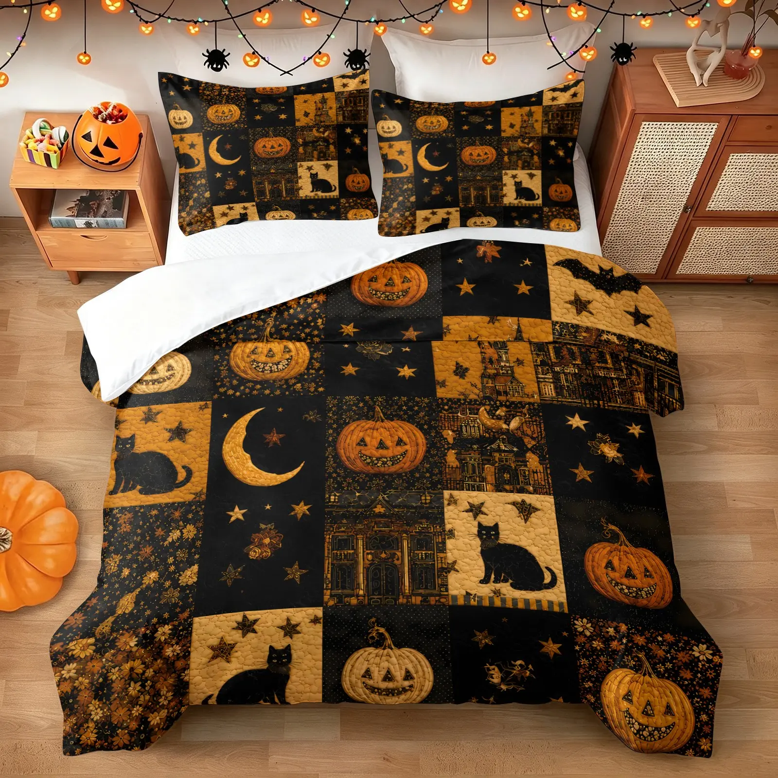 Viral Vintage Halloween Patchwork Duvet Cover 3Pcs Set, Duvet Covers Sets, 1 Duvet Cover + 2 Pillowcases without Core, Black Cat Pumpkin Moon Bat Haunted House Print Bed Linen, Retro Spooky Fall Bedroom Decor, Holiday Gift Bedding Set