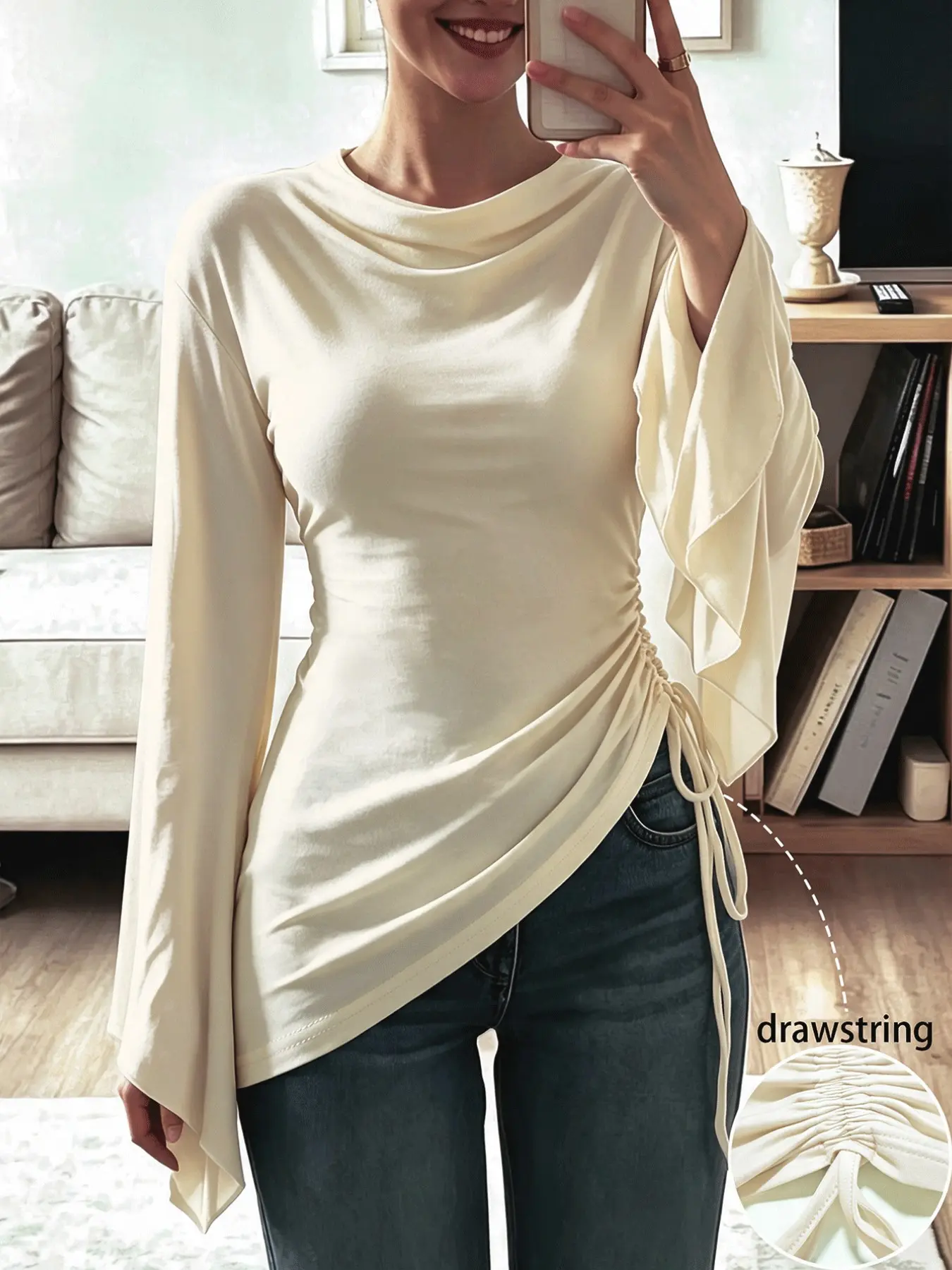 Spring Summer Women's Fashion Knit Long Sleeve Top, Elastic Waist Drawstring Design, Asymmetrical Hem, Perfect for Daily Wear & Parties