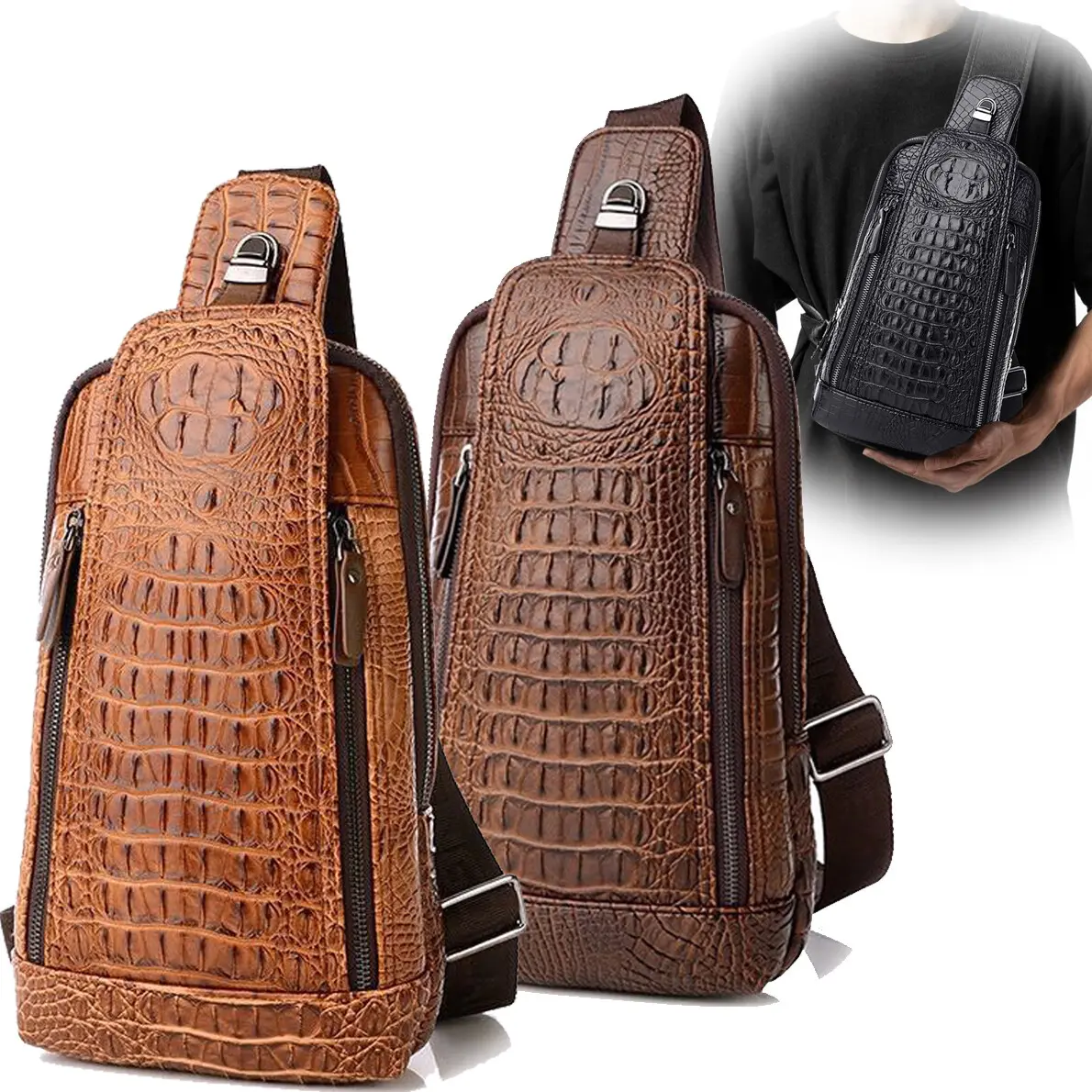 Men Croc Embossed Sling Chest Bag Large Capacity Multi Zipper Pockets Earphone Hole with Adjustable Strap Vintage Crossbody Shoulder Chest Pack for Outdoor Travel Hiking Walking Daily