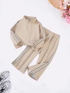 2-piece Spring/Autumn Girls' Fashion Striped Set Casual long-sleeved zip-up jacket with wide-leg trousers Baby girl color-block stand-collar cardigan jacket and trousers Suitable for girls aged 2-7 Ideal for outdoor and school wear