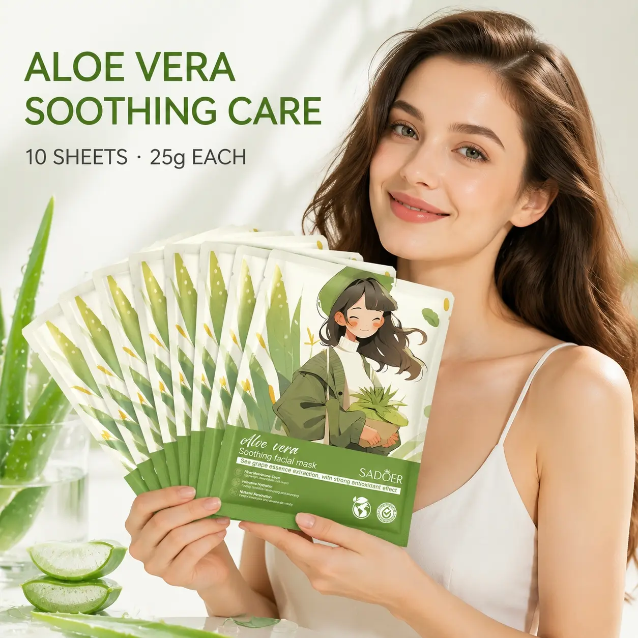 SADOER Aloe Vera Sheet Mask 25g x 10 Sheets, Hydrating Soothing Face Masks with Aloe Vera Extract, Sodium Hyaluronate, Centella Asiatica, Hydrolyzed Collagen and Ceramide NP, Soft-Fit Daily Facial Care, Individually Sealed