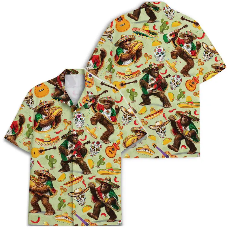 Bigfoot Taco Hawaiian Shirt, Mexican Fiesta Aloha Button Down, Sugar Skull Cactus Guitar Tropical Shirt, Summer Beach Vacation Wear, Funny Festival Gift