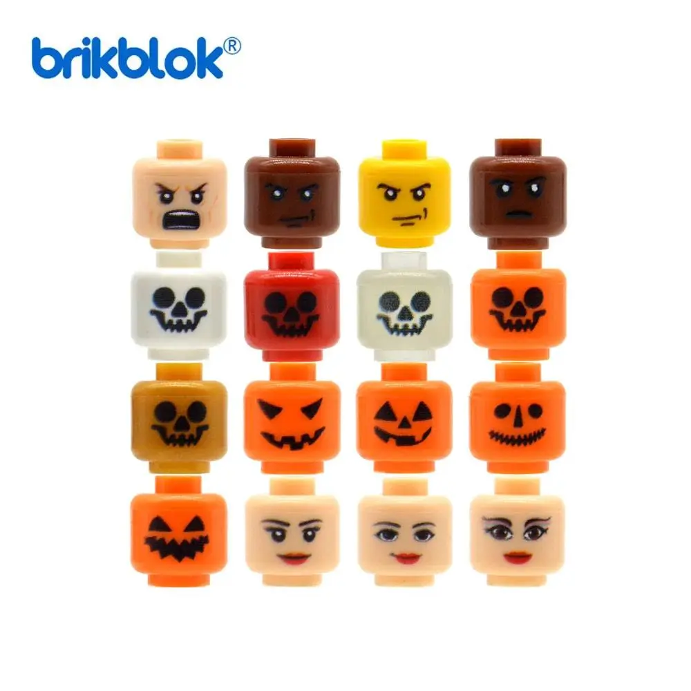 10 Printed Mini Heads Custom Bricks Pumpkin Skeleton Face Expression for MOC Construction Building Blocks Toys Kids