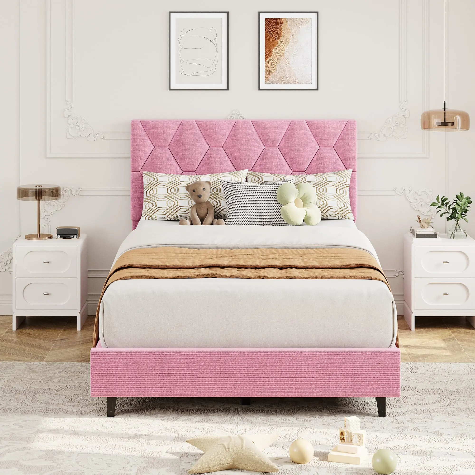 Garvee Upholstered Platform Bed Frame with Padded Headboard - Heavy-Duty Wood Slat Support, Noise-Free Non-Slip, No Box Spring Needed, Easy Assembly - Twin/Full, Grey/Beige